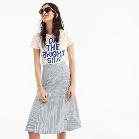 J.CREW Blue White Striped Cotton A-Line Skirt with Side Button Detail | Size 10 - Picture 2 of 8